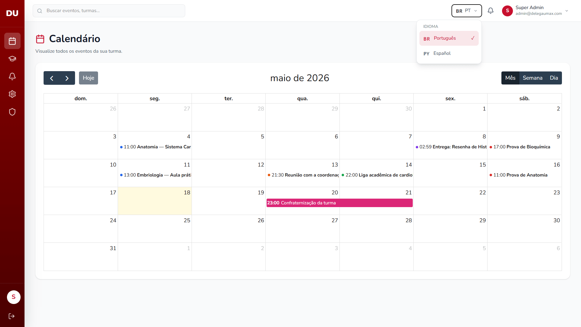 Calendário do mês com eventos categorizados por cor