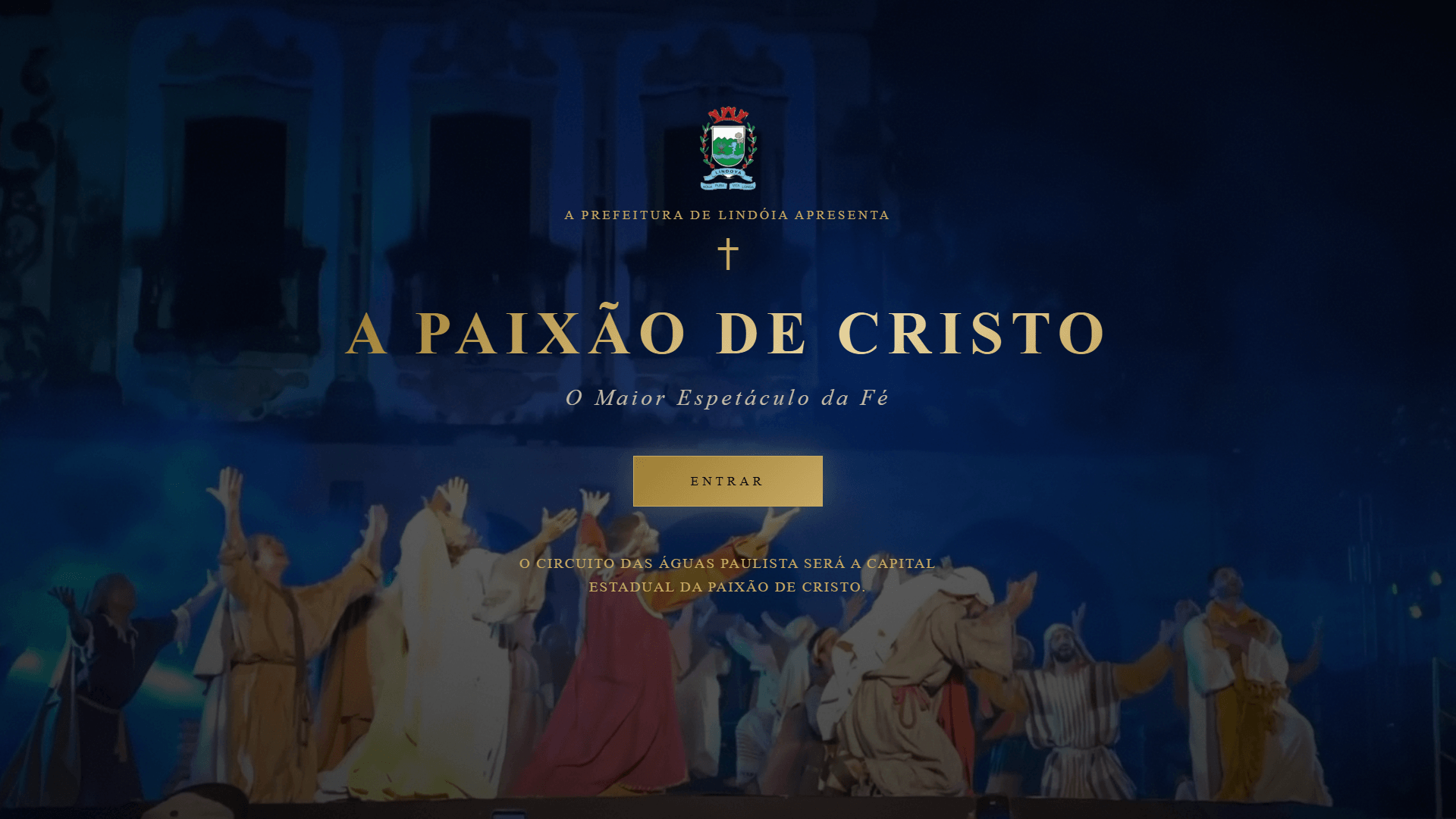 Intro com cruz e brasão da prefeitura de Lindóia