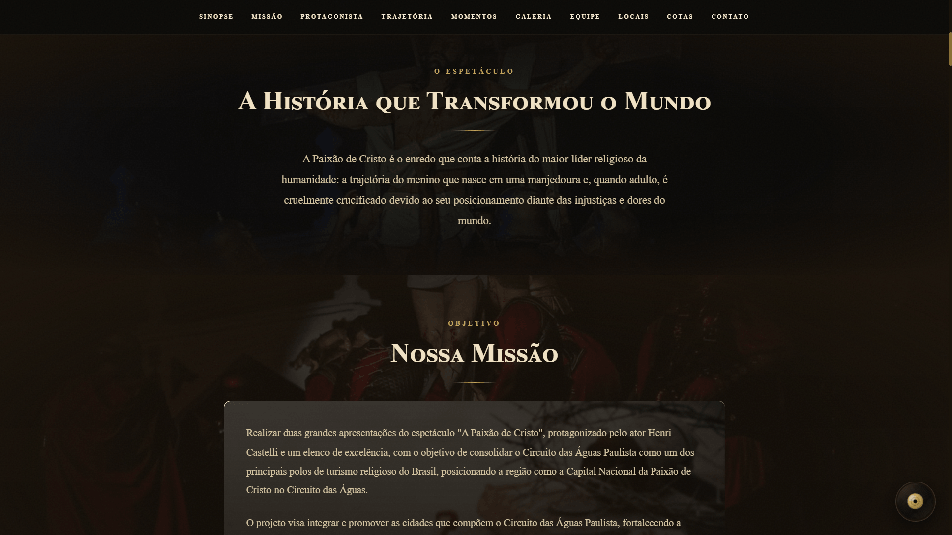 Seção de missão e sinopse do espetáculo