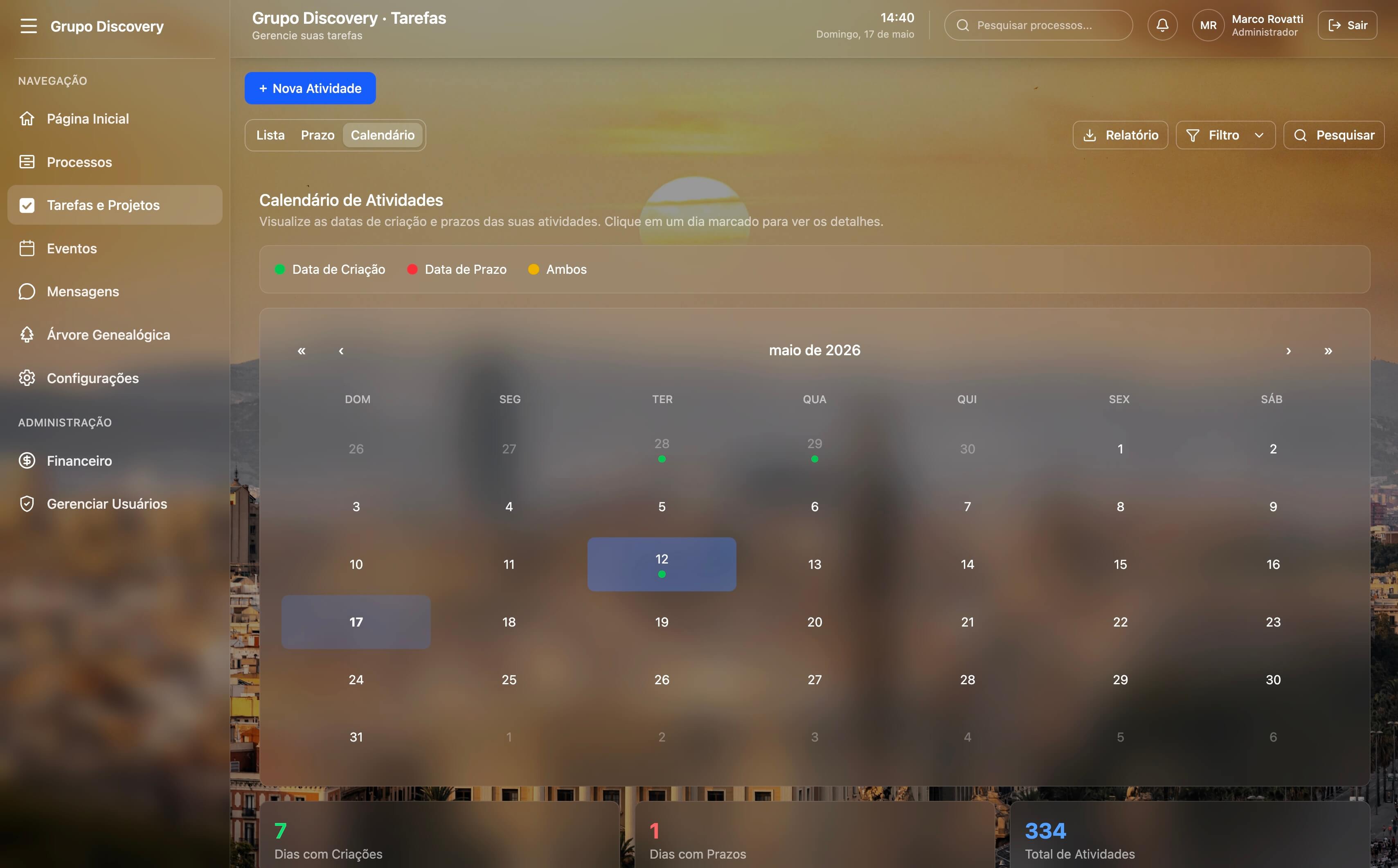 Atividades em visão de calendário